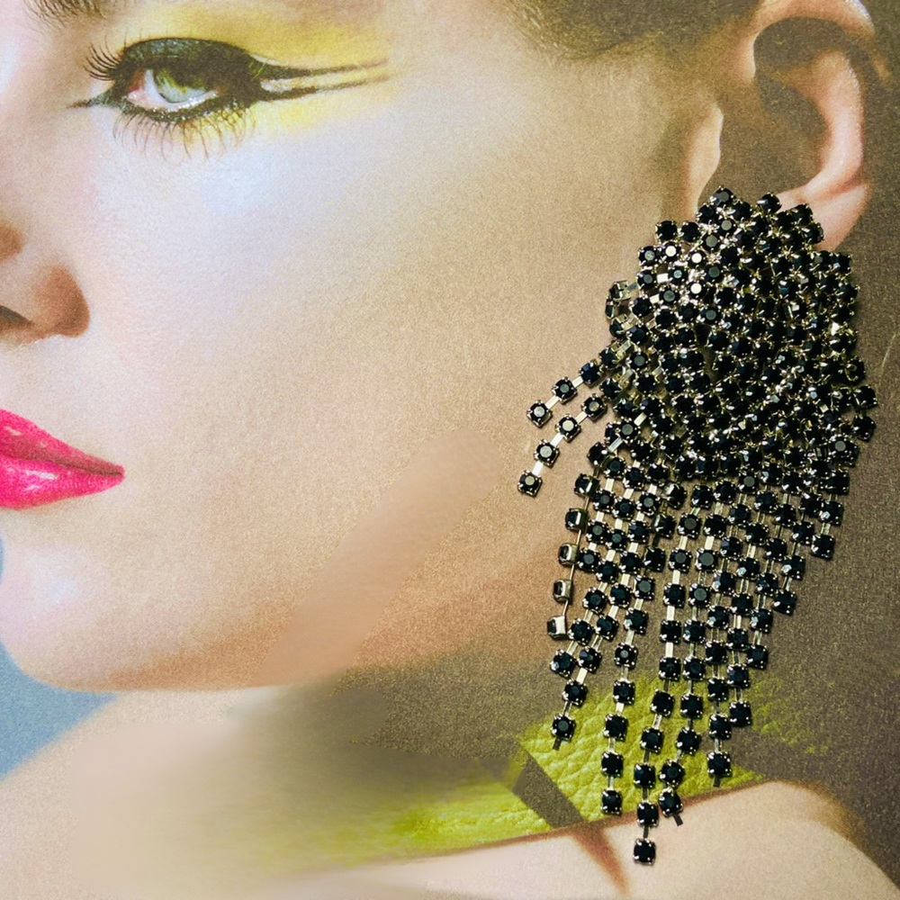 Gorgeous Black Rhinestone Waterfall Pierced Earrings